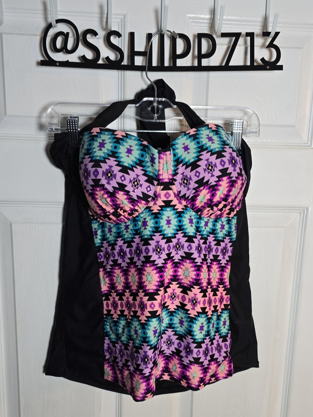 Catalina XL Black Tankini with Multicolor Aztec Print